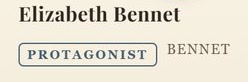 The canonical record header for Elizabeth Bennet in the shipped product: her name, a protagonist marker and the Bennet set she belongs to.