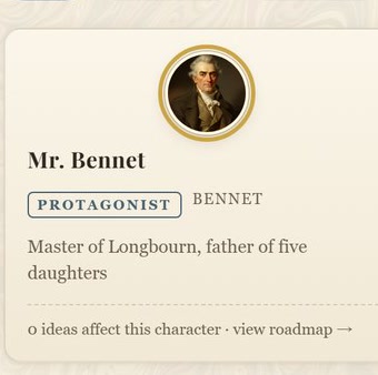 Mr Bennet's canonical character card in the shipped product: protagonist marker, the Bennet set, and the line 'Master of Longbourn, father of five daughters'.