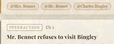 A moment card from the shipped product: Mr Bennet refuses to visit Bingley, cited to chapter 1 and tagged with Mrs Bennet, Mr Bennet and Charles Bingley.