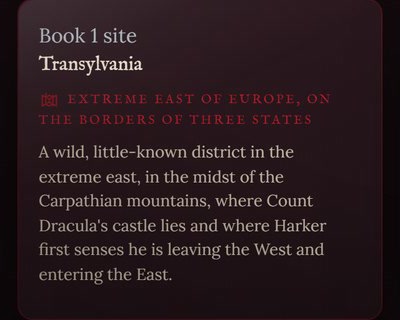 A site card from the shipped product's Dracula edition: Transylvania, a book 1 site, with its description as the reader sees it.