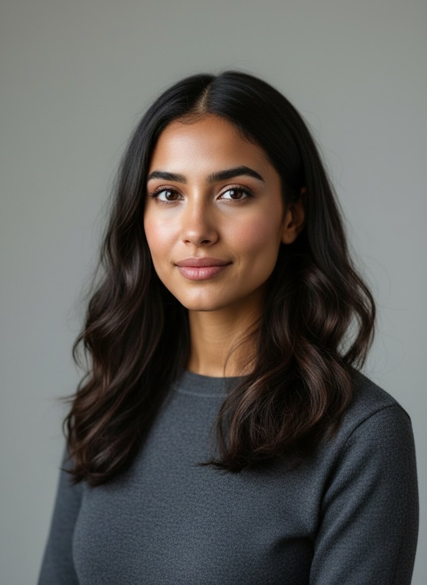 Sam Archer as one person: a plain portrait in a grey jumper, hair loose, the way no system ever saw her.