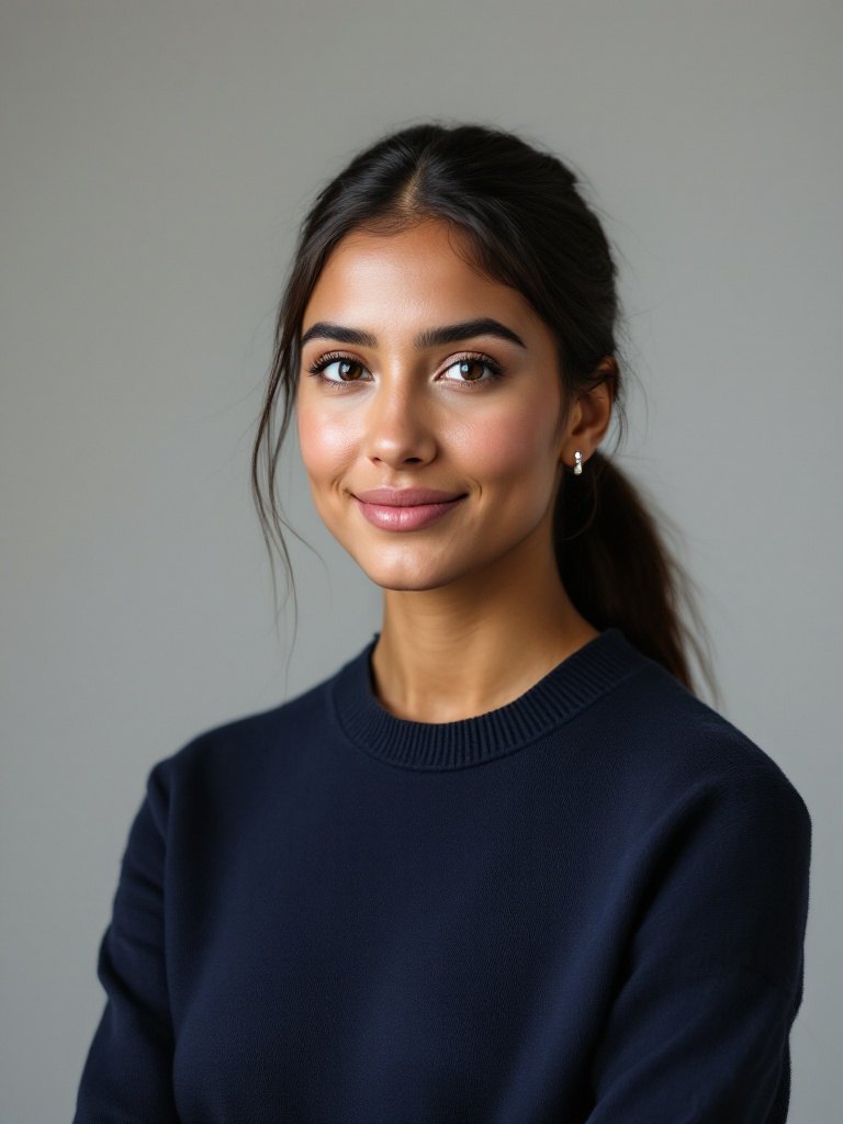 Sam Archer in 2019, the payroll system’s photograph: navy jumper, ponytail.