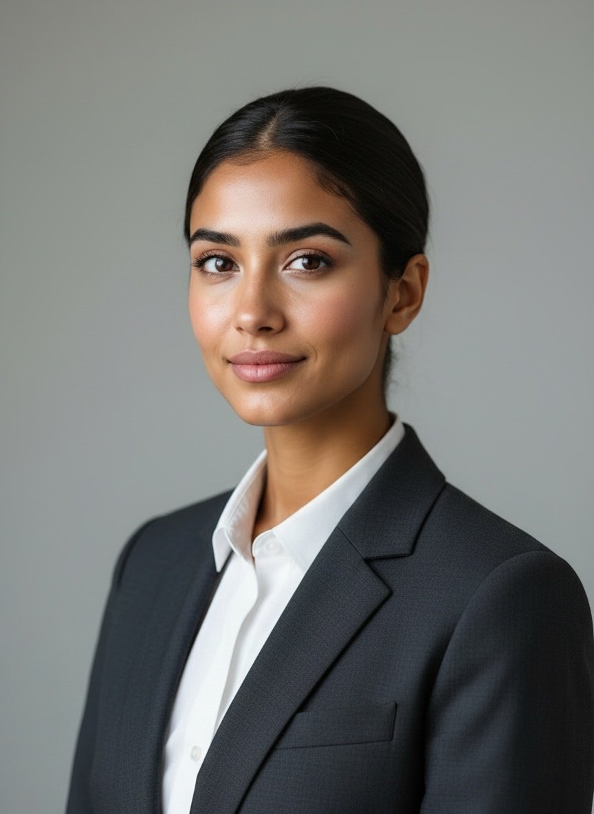 Sam Archer in 2024, her finance security pass photograph: dark suit, white shirt.